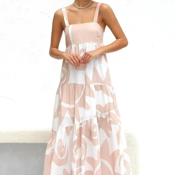 Women's Flowy Maxi Sundress Sleeveless Abstract Print Beach Vacation Wear - Picture 8 of 9